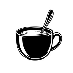 Coffee mug silhouette vector – steaming hot cup with stirring spoon, cozy café breakfast beverage icon