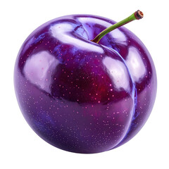 Vivid  of a ripe, glistening plum against a stark black backdrop. The smooth surface showcases a deep, rich purple color with subtle hints of lighter shades.