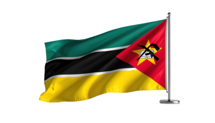 The flag of a nation waves gracefully in the wind against a dark background.