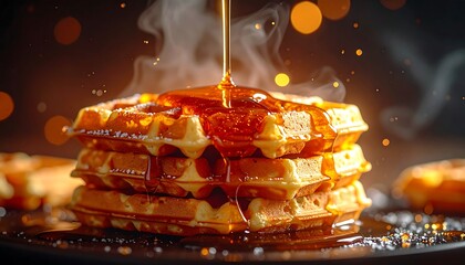 Stack of waffles being drizzled with syrup
