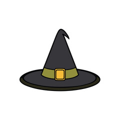 Black witch hat icon with gold buckle and green band
