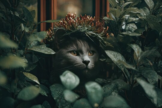 Gray cat hidden in lush foliage - Powered by Adobe
