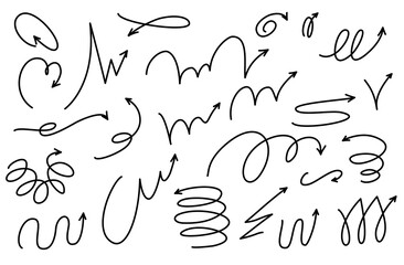 Motion bounce arrow set, hand drawn line design spiral. Expressive jump effect. Includes ball motion paths for sports. Vector illustration isolated