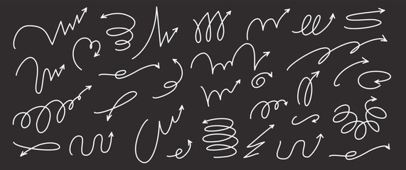 Bounce, quirky squiggly arrow lines with spiral and twist designs. Playful jump hand drawn elements. Includes ball motion paths for sports. Vector illustration isolated