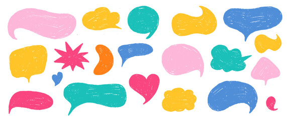 Crayon doodle speech bubble collection. Hand drawn chalk talk Frames. Cute text box set for Chat and Stickers