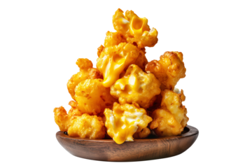 Deep-fried cheese curds balls served in wooden bowl, isolated on white transparent background. Concept of United States traditional dishes snack food