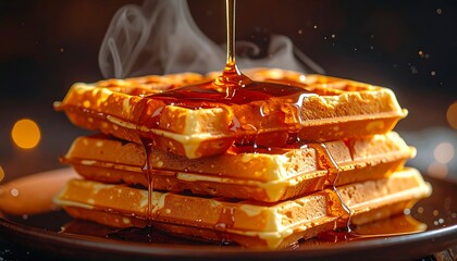 Stack of waffles drizzled with syrup
