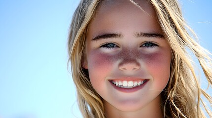Fototapeta premium Smiling freckled girl with blonde hair against a blue sky background happy girl portrait