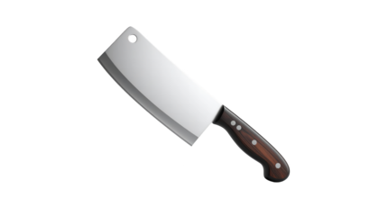 A detailed, high-angle  shot displays a gleaming, polished cleaver, rendered with realistic shading and a dark wooden handle, placed against a stark black background, emphasizing its sharpness and...