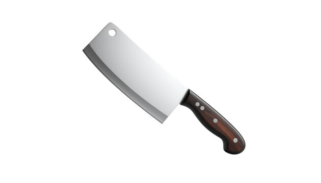 A detailed, high-angle  shot displays a gleaming, polished cleaver, rendered with realistic shading and a dark wooden handle, placed against a stark black background, emphasizing its sharpness and...