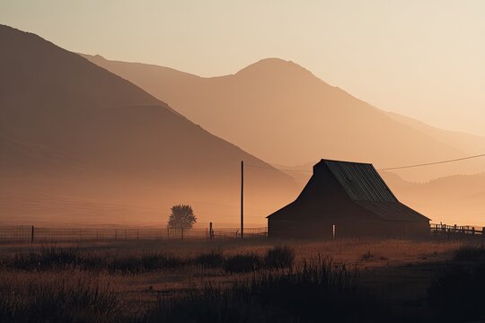 Misty mountain sunrise over a rustic barn - Powered by Adobe