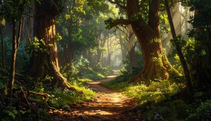 Enchanting Sunlit Forest Path Through Ancient Green Woods with Mystical Light Beams.