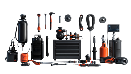 Assortment of various tools including wrenches, screwdrivers, and a toolbox, meticulously arranged against a solid black background, showcasing a collection with an orange and black color scheme and.