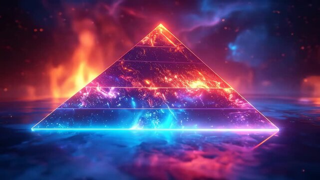 Glowing Neon Pyramid with Abstract Fire and Cosmic Background Video
