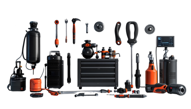 Assortment of various tools including wrenches, screwdrivers, and a toolbox, meticulously arranged against a solid black background, showcasing a collection with an orange and black color scheme and.