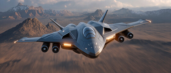 Stealth Aircraft Soaring Above the Desert: An imposing stealth aircraft soars majestically across a desert landscape, leaving a trail of speed and innovation.