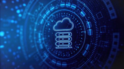 hybrid ai cloud system Digital cloud storage concept with abstract blue background and data symbols.