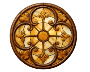 Circular stained glass window with ornate floral and scrollwork pattern, warm amber and gold tones, intricate decorative design, evokes elegance and classic beauty