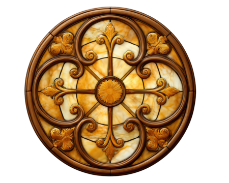 Circular stained glass window with ornate floral and scrollwork pattern, warm amber and gold tones, intricate decorative design, evokes elegance and classic beauty
