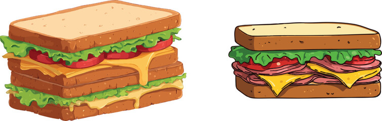 cartoon sandwich clip art, white background, vector illustration style, simple lines, flat colors, high resolution, no shadows, high detail, no gradient, and no texture in the picture