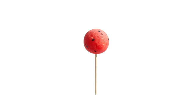 A bright red candy, resembling fruit with black seeds, rests on a wooden stick against a stark, deep black background, offering a simple yet visually appealing treat.