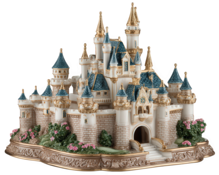 Elegant fantasy castle music box with blue rooftops, gold accents, and floral decorations, evokes magical and whimsical atmosphere, perfect for fairy tale or decorative themes