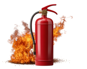 Fire extinguisher red cylinder safety equipment emergency flame firefighting protection hazard prevention isolated object fire control urgent response hot danger metal handle nozzle spray