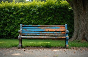 Wooden bench stands in park near green hedge and tree. Paint peeled off. Nobody on seat. Relaxing area in summer public garden for rest. Aged furniture near bush.