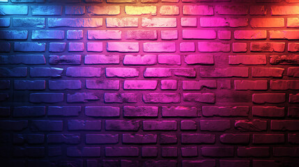 Textured brick wall illuminated by bright neon lights. The intertwining of purple, blue, and orange colors creates a modern, urban mood. Street art, graphic design, music events