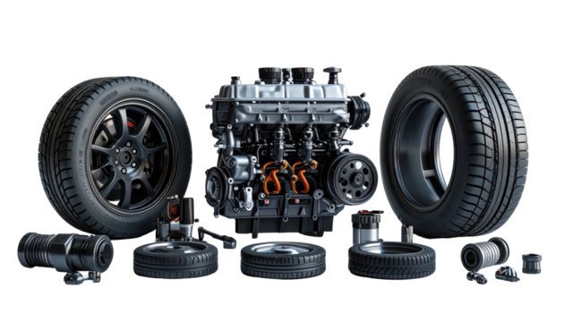 Components of a vehicle are displayed on a black background with a symmetrical composition, showcasing the engine and several tires alongside various related mechanical parts, all in a -like setting.