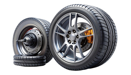Detailed  shot captures two car wheels with tires and intricate disc brakes, the tires are black, and the alloy rims have silver accents, set against a solid, dark background.