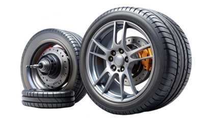 Detailed  shot captures two car wheels with tires and intricate disc brakes, the tires are black, and the alloy rims have silver accents, set against a solid, dark background.