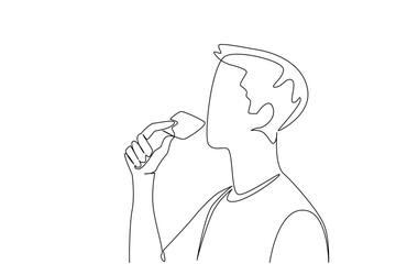 Single continuous line drawing a man eating biscuits. A sweet dessert. Filling in a simple way. Delicious. Crunchy. Cracker. Snack. Breakfast. National Biscuit Day. One line design vector illustration
