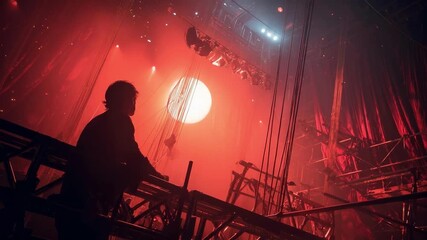 Backstage of a concert stage with a silhouetted crew member amid red lighting, rigging, scaffolding and a large circular lamp. - Powered by Adobe