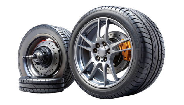 Detailed  shot captures two car wheels with tires and intricate disc brakes, the tires are black, and the alloy rims have silver accents, set against a solid, dark background.