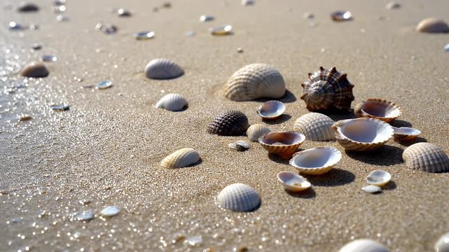 Serene seashore scene: close-up of sea shells arranged aesthetically on a sandy beach touched by calm waves, sun-kissed sandy backdrop
