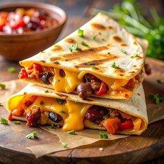 Stacked, cheesy quesadillas with salsa, on a wooden cutting board