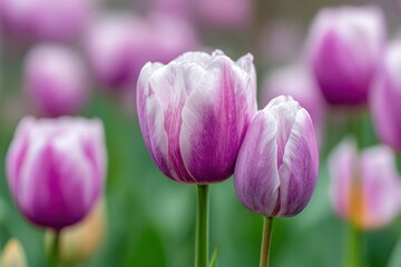 Obraz premium Close-up of two vibrant purple and white striped tulips, other blooms blurred in background