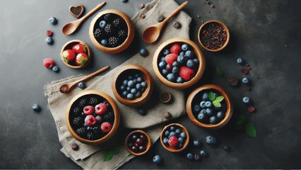 Illustration of top-down photo of a small group of wooden bowls on a dark grey marble surface and  each bowl filled with various berries