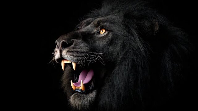 A majestic black lion roaring in darkness, symbolizing power, courage, and dominance with an intense dramatic atmosphere.