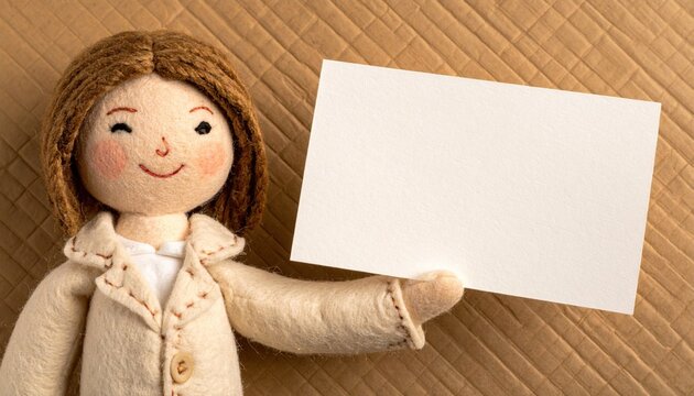 felt doll hand holding blank tag on warm seamless soft studio macro detail for craft branding concept and clean copy space product mockup