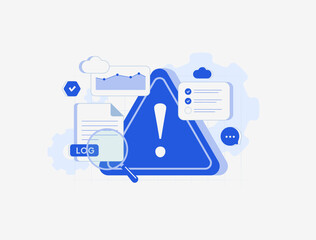 Error log analysis with alert warning sign. Risk monitoring system and incident response system, cloud security icons, checklist and data chart elements. Cybersecurity management vector illustration