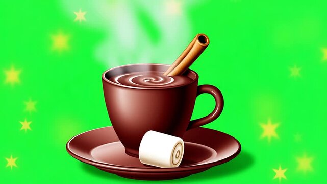 Steaming hot chocolate mug with cinnamon stick and marshmallow, cozy winter drink on festive green background
