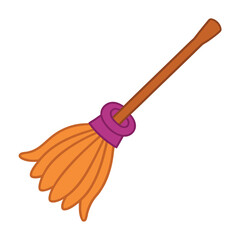 Orange witch broom with purple band on white halloween