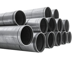 Stacked cylindrical metal pipes, varying lengths, arranged in a group