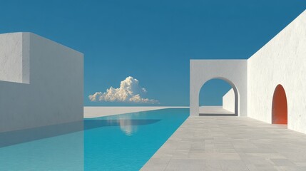 Fototapeta premium Concept of modern minimalist architecture with swimming pool white walls and bright orange door for luxury villa design and geometric harmony with reflections
