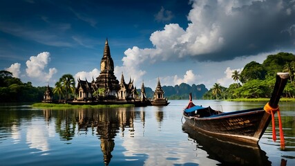 Ancient Temple with Thai Boat