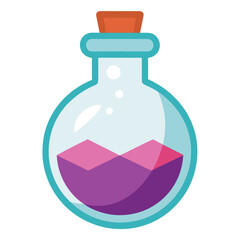 Round glass potion bottle with purple liquid and cork