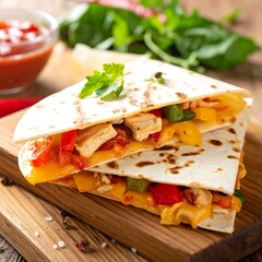 Stacked, delicious quesadillas with colorful peppers on wooden surface