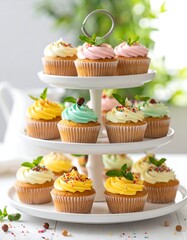 Stacked dessert display featuring colorful frosted treats, adorned with sprigs